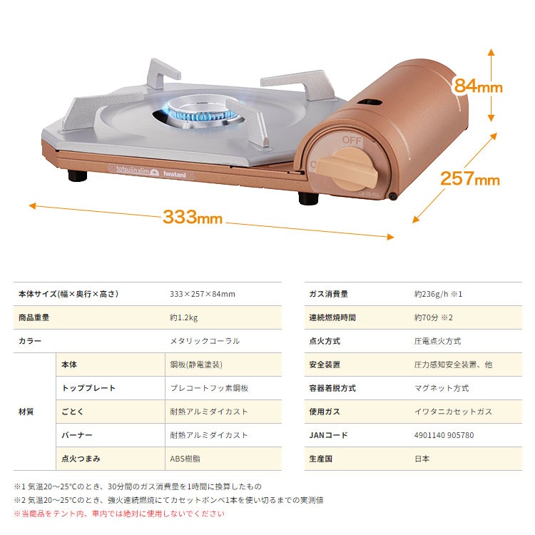 イワタニ カセットフー 達人スリムプラス CB-TS-PLS メタリックコーラル カセットコンロ 卓上こんろ 屋内 岩谷産業