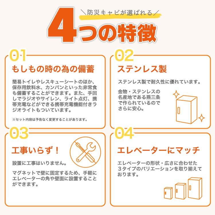 エレベーター用 防災キャビ 薄型タイプ 日本製 防災備蓄 閉じ込め対策 ステンレス製 法人・施設向け