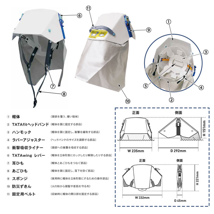 防災ずきん付き 折りたたみ式ヘルメット タタメットズキン3 防災頭巾 一体化 立体化 学校 保育園 子供 会社 大人 災害時