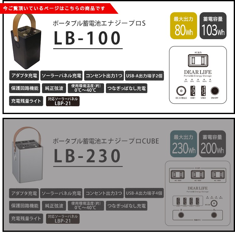 非常用電源 ポータブル蓄電池 エナジー プロ S LB-100 正弦波 蓄電容量103Wh コンパクト ライノプロダクツ