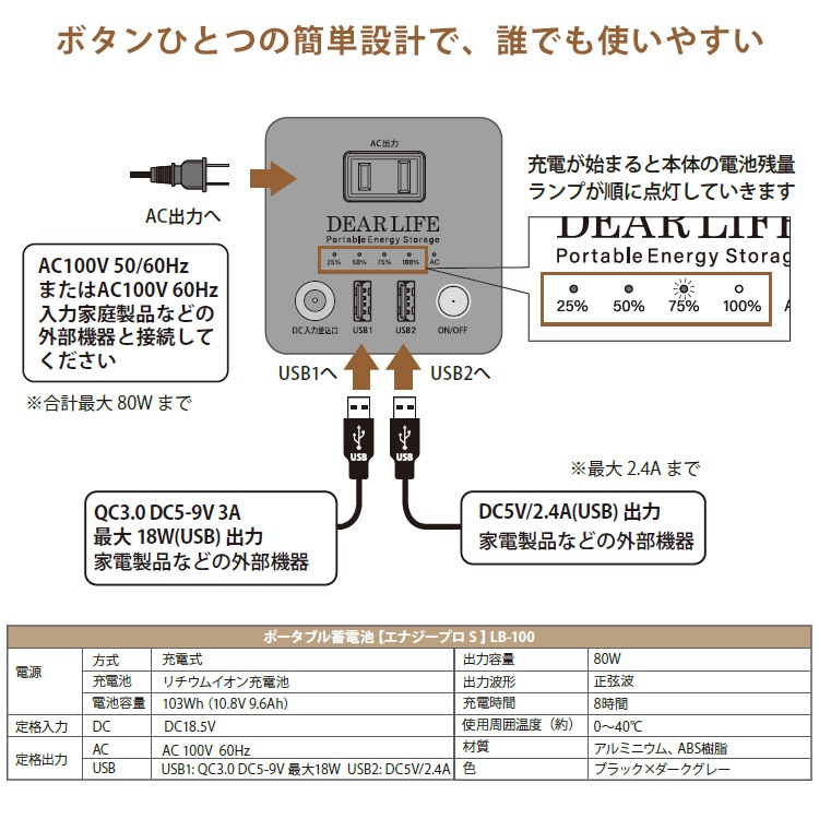 非常用電源 ポータブル蓄電池 エナジー プロ S LB-100 正弦波 蓄電容量103Wh コンパクト ライノプロダクツ