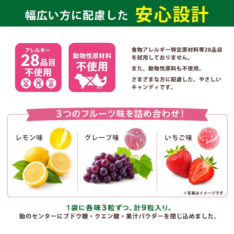 6年保存 パワーフルーツキャンディ プラス 9粒入 長期保存キャンディ アレルギー28品目不使用 ブドウ糖配合 レモン・グレープ・いちご味 [M便 1/4]