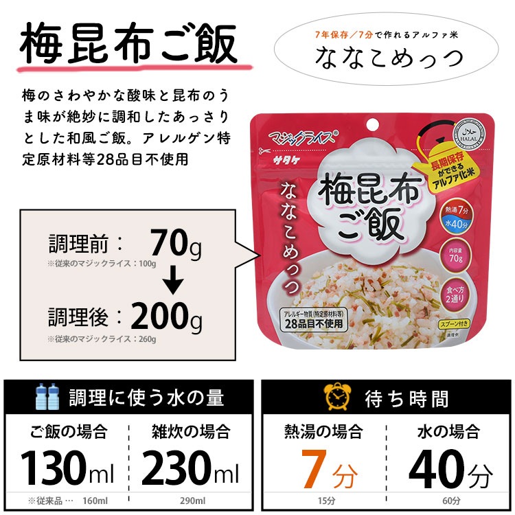 非常食 アルファ米 ななこめっつ 梅昆布ご飯 70g サタケ マジックライス  [M便 1/4]