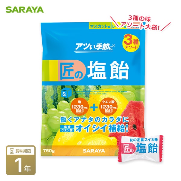 熱中症対策 サラヤ塩分補給キャンディ 匠の塩飴3種アソート750g (塩飴 しおあめ 熱中飴 熱中症 塩分補給 SARAYA NO:27860)