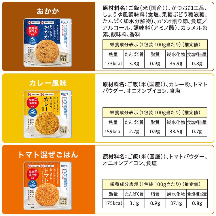非常食 ロート製薬 ハートフード 長期保存おにぎり おかか・カレー風味・トマト混ぜごはん ROHTO おむすび レトルト【トマト・カレー賞味期限2030年11月迄】 [M便 1/4]