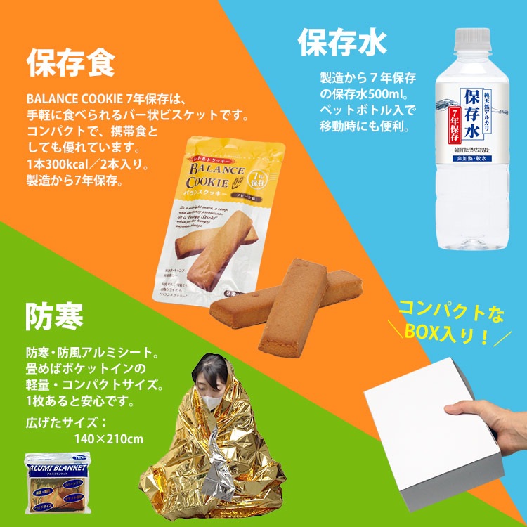 防災セット おてがる3点セット｜7年保存のビスケット・保存水・レスキューブランケット入り