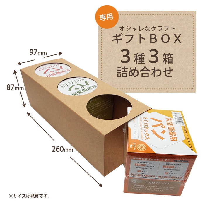 非常食 災害備蓄用パン ECOボックス 贈答用3種3箱セット ギフトBOX入り オレンジ・プチヴェール・クランベリー&ホワイトチョコ 箱入り アルミパック 5年保存 エコボックス 【プチヴェール 賞味期限2030年2月迄】
