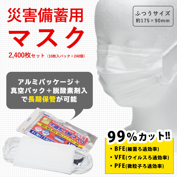 災害備蓄用3層不織布マスク アルミパック 10枚入 ×240パック(合計2,400枚)普通サイズ ケース販売