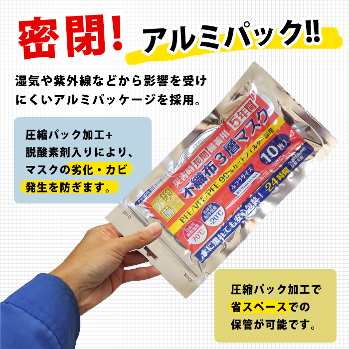 災害備蓄用3層不織布マスク アルミパック 10枚入 ×240パック(合計2,400枚)普通サイズ ケース販売