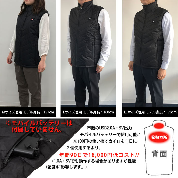 発熱ベスト 電熱ウェア ヒートベストPro 男女兼用 USB電源 撥水 洗濯 防寒