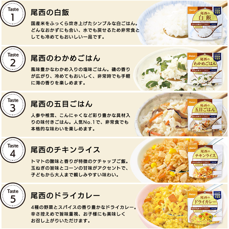 尾西食品 アルファ米 25袋セット(5種×各5袋)|非常食・防災備蓄・長期保存ごはん|白飯・五目ごはん・ドライカレーほか 人気5種類 詰め合わせ