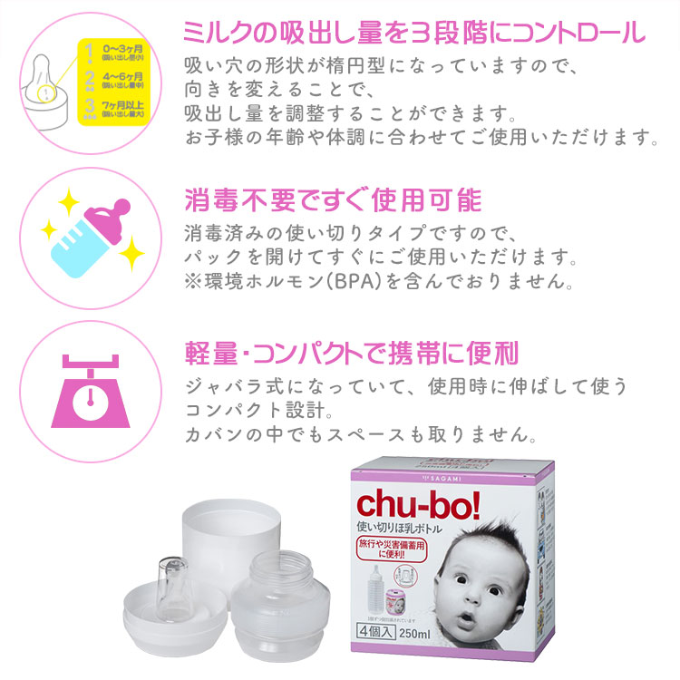 おでかけ用ほ乳ボトル チューボ CHU-BO! 4個入り 使い切りタイプ 哺乳瓶 ほ乳瓶 赤ちゃん ベビー 飲料 授乳 お出掛け 外出 非常時 5年保存