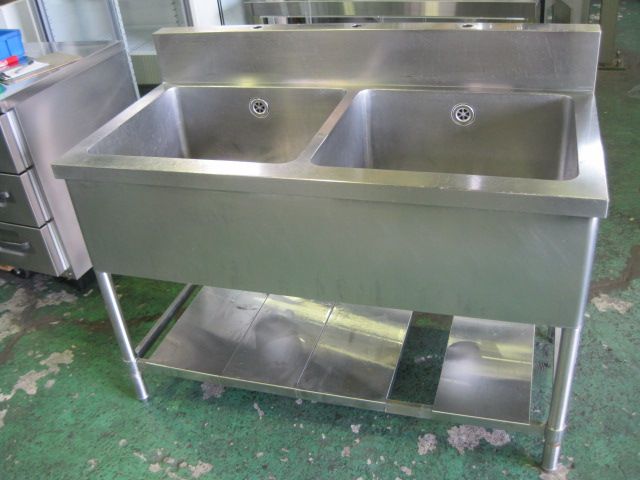 【W1200xD600xH800mm】【業務用】【中古】 2槽シンク C8029 バックガード H150xD60mm
