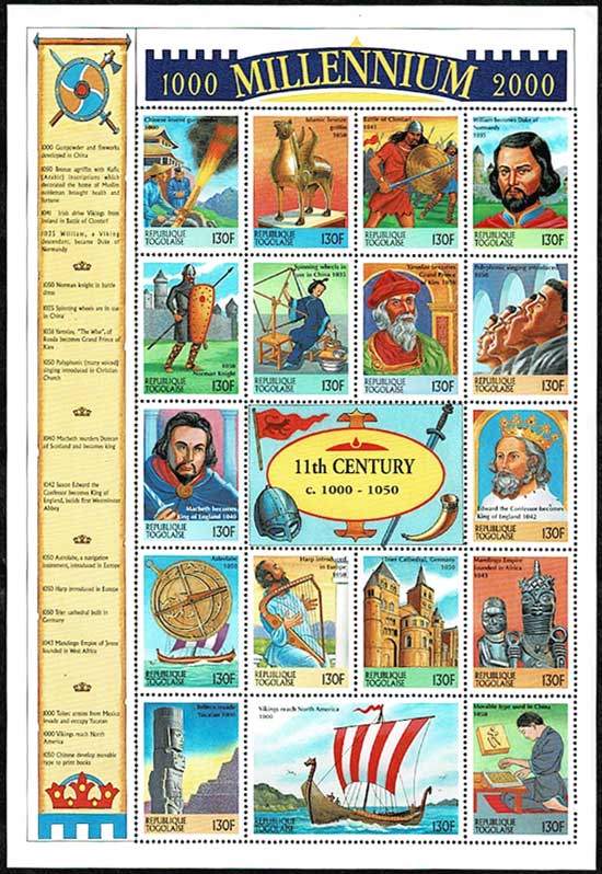 世界の出来事 11世紀 1000-1050 切手シート トーゴ発行 | 切手