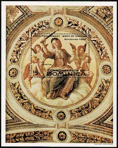 ラファエロ「正義の女神」 切手小型シート ドミニカ発行 | 切手,中南米