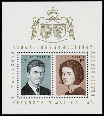 ハンス・アダム2世 マリー・キンスキー 御成婚記念 切手小型シート 1967年 リヒテンシュタイン公国発行 切手,ヨーロッパ・ロシア
