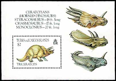 先史時代の動物 恐竜トリケラトプス 切手小型シート タークス