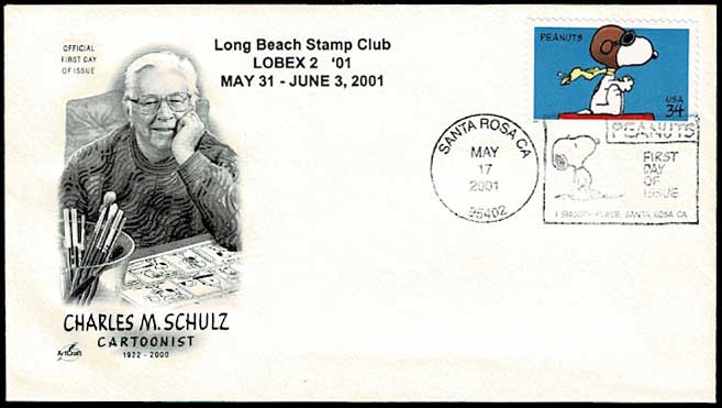 スヌーピー 切手初日カバー（2001.5.17） 作者シュルツの肖像