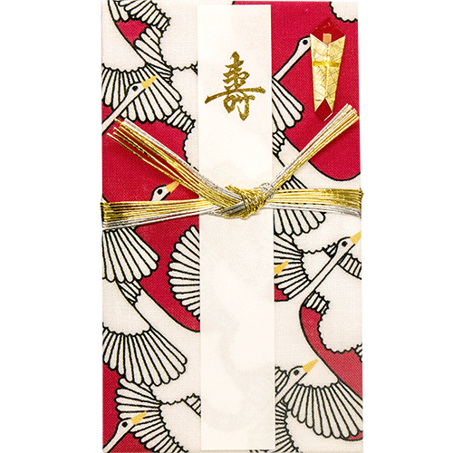 てぬぐいのはんかち　金封　寿　祝鶴　赤
