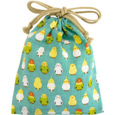 巾着小　インコ並べ　エメグリーン