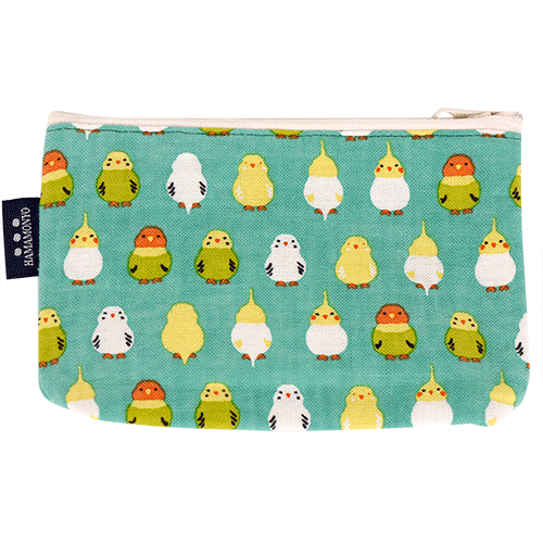 豆ポーチ　インコ並べ　エメグリーン