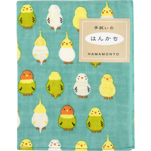 てぬぐいのはんかち　インコ並べ　エメグリーン