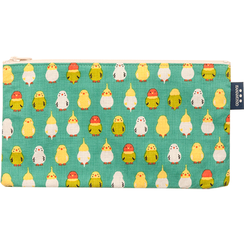 フラットポーチ　インコ並べ　エメグリーン