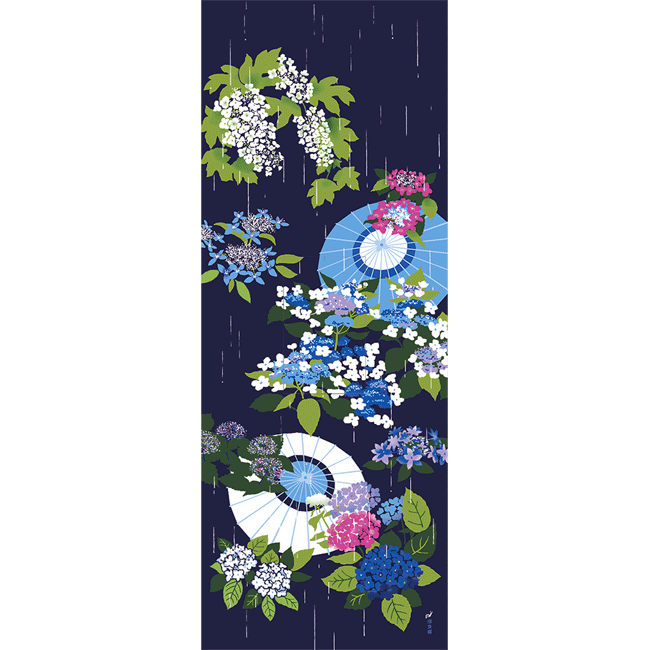 絵てぬぐい　五月雨に紫陽花