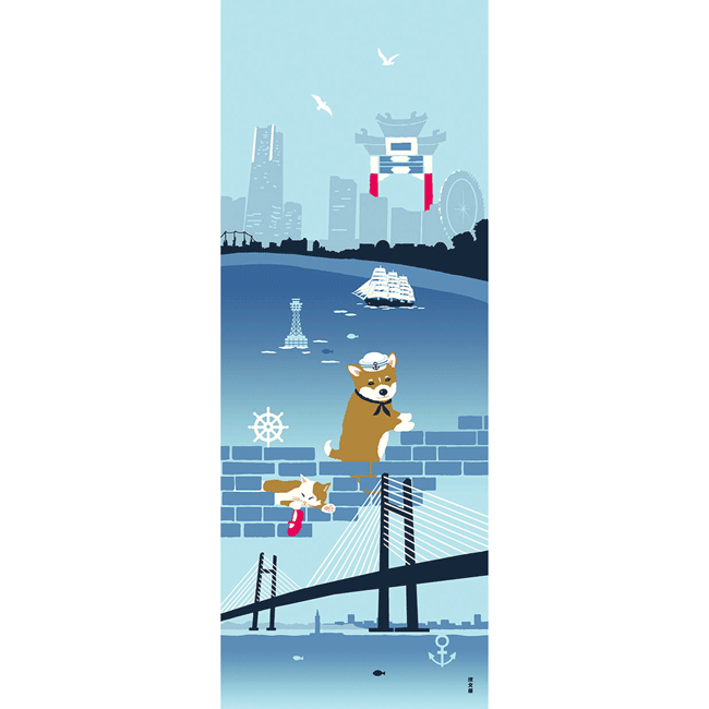 絵てぬぐい　横浜の豆柴水兵さん