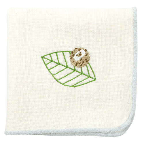 モール糸タオルハンカチ　眠りハリネズミと葉