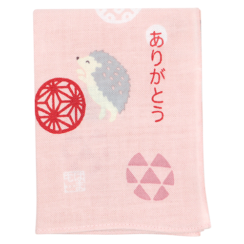 ひとことはんかち　ありがとうハリネズミ　ピンク