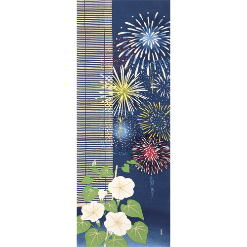 絵てぬぐい　夜顔に夏花火