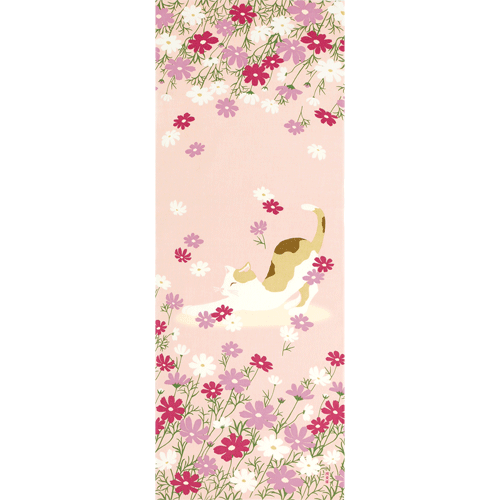 絵てぬぐい　秋桜とごきげん猫