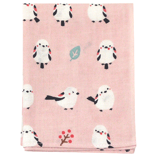 てぬぐいのはんかち　ちゃんこいシマエナガ　ピンク