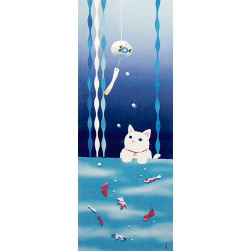 絵てぬぐい　猫と金魚の夏