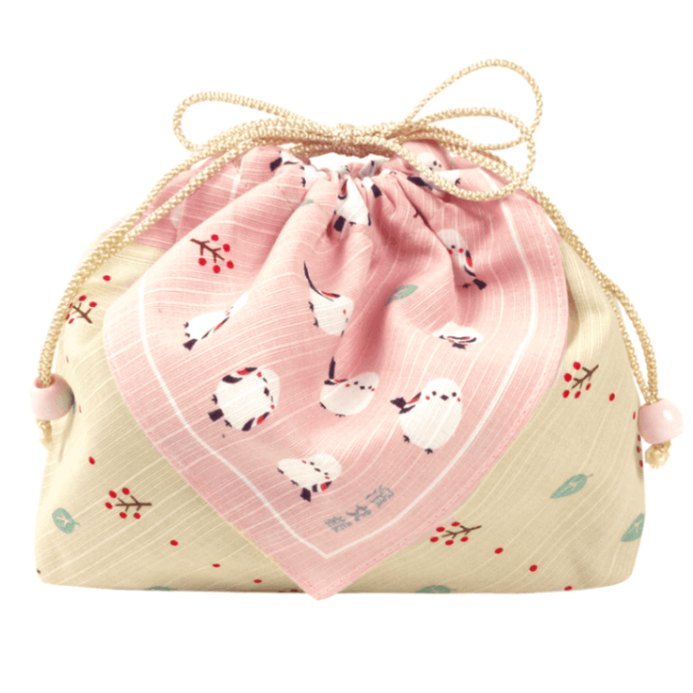 お弁当巾着　ちゃんこいシマエナガ　ピンク