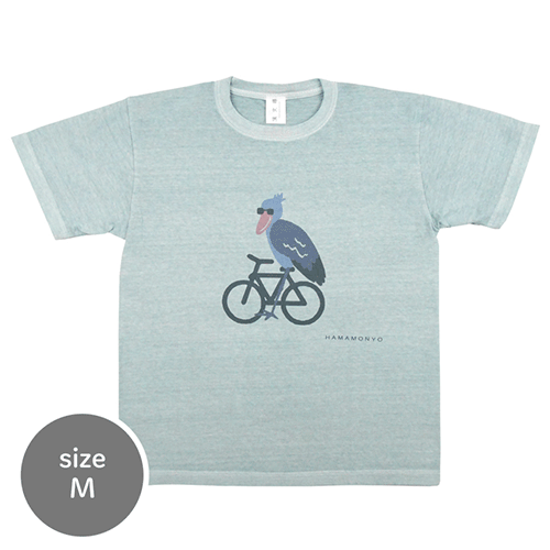 ピグメント染めTシャツM　ハシビロコウ自転車　ブルー