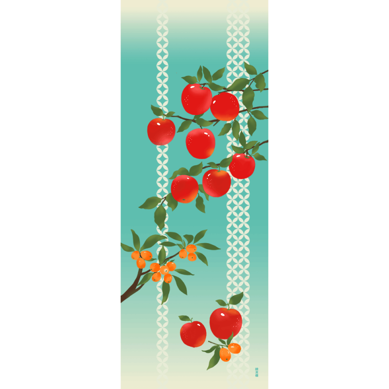 絵てぬぐい　鈴なり林檎とびわ