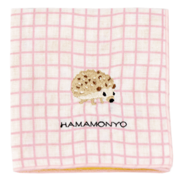 リバーシブルガーゼハンカチ　格子とハリネズミ