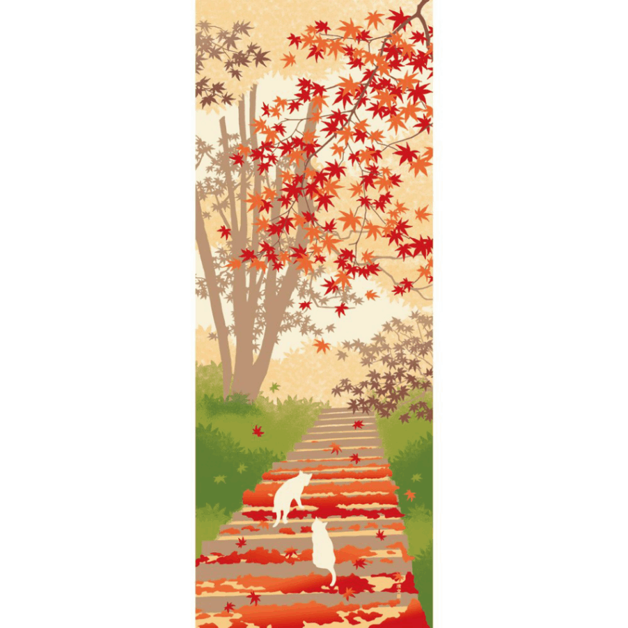 絵てぬぐい　お散歩ねこ 紅葉の道