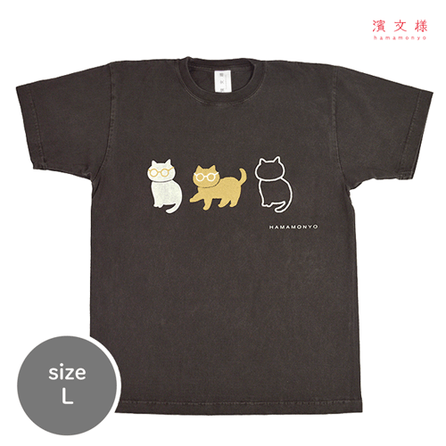 ピグメント染めTシャツL　ねこめがね　ブラック