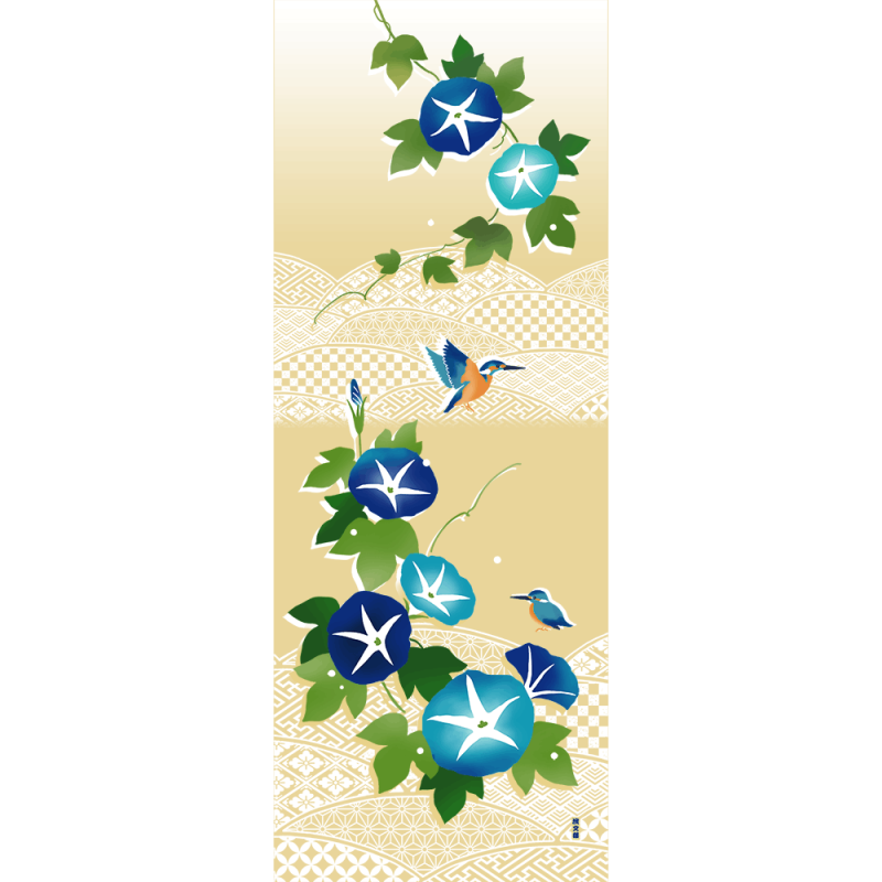 絵てぬぐい　朝顔とカワセミ