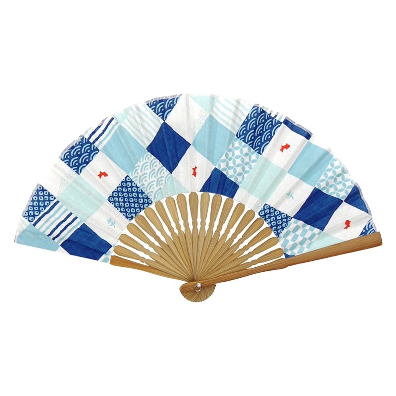 てぬぐい扇子　市松こもんに豆金魚