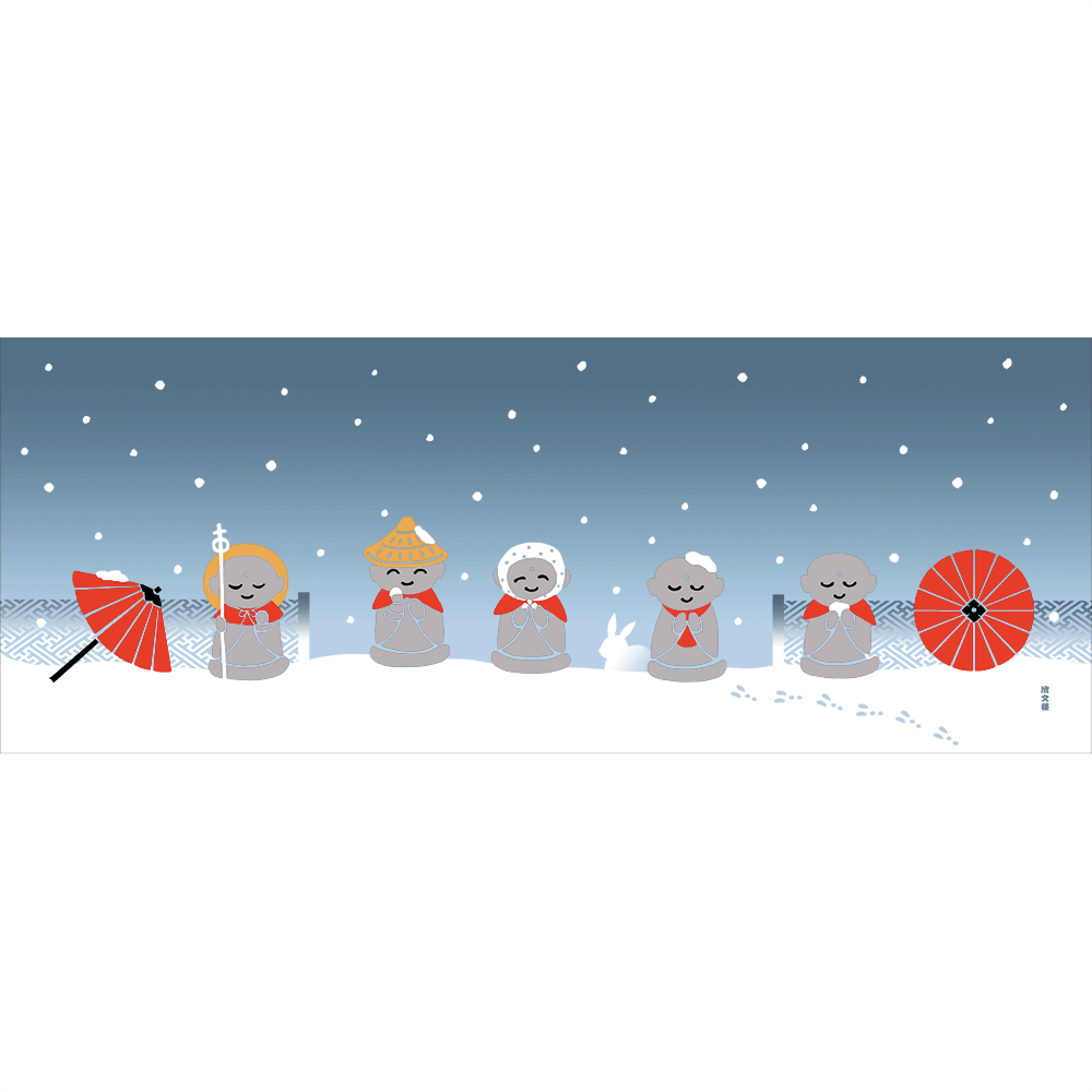 絵てぬぐい　ぼたん雪とお地蔵さま
