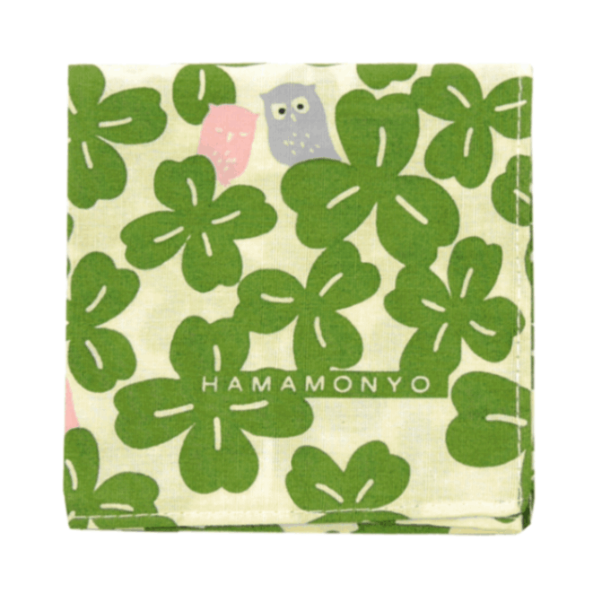 スクエアブロードハンカチ　クローバーと福ふくろう