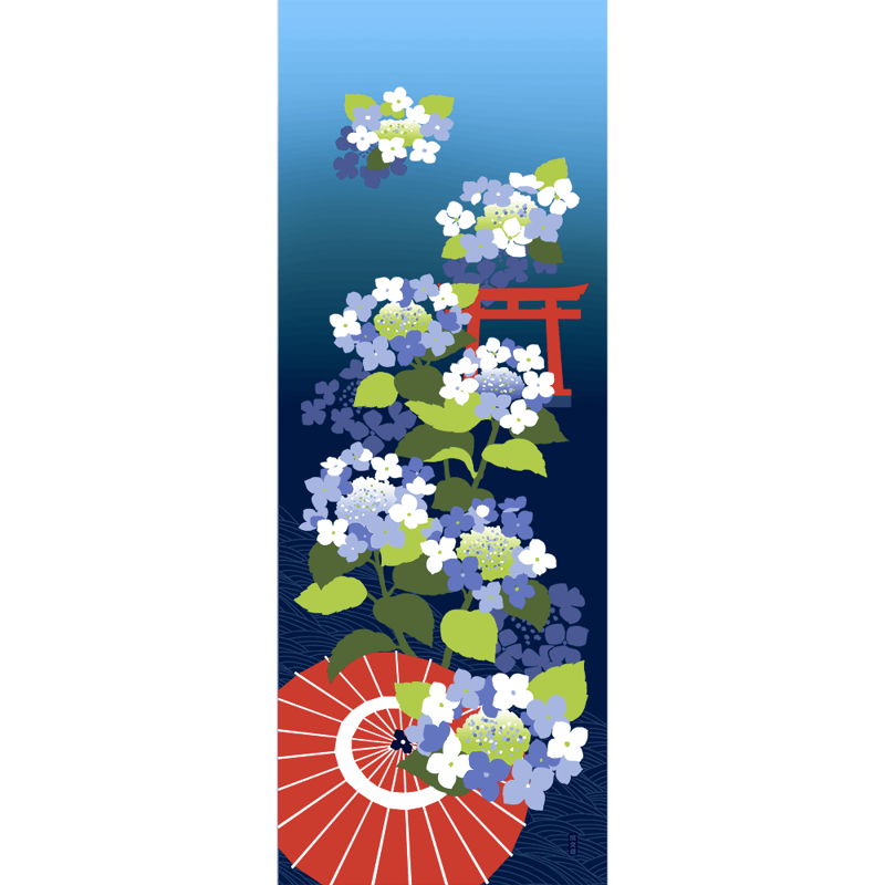 絵てぬぐい　あじさい和景色