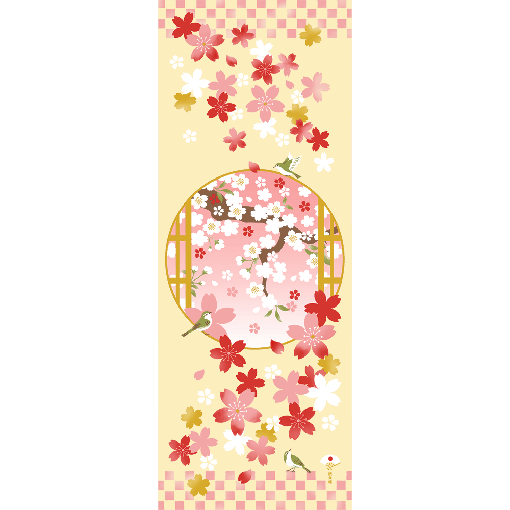 絵てぬぐい　舞桜と鶯