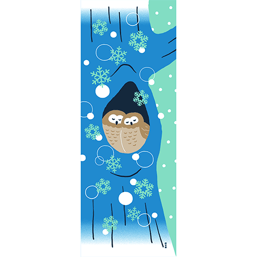絵てぬぐい　巣ごもりフクロウ