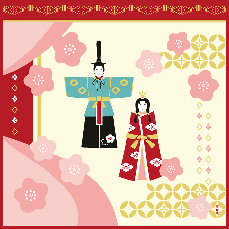 絵小布　立ち雛と桃の花