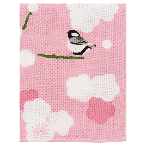 てぬぐいのはんかち　白梅に四十雀